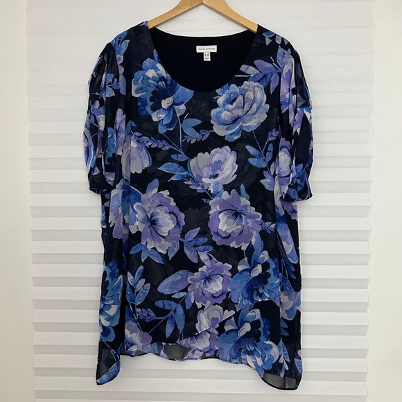 Susan Graver Tops - Susan Graver Womens 3X Blue Purple Floral Chiffon Overlay Blouse Short Sleeve